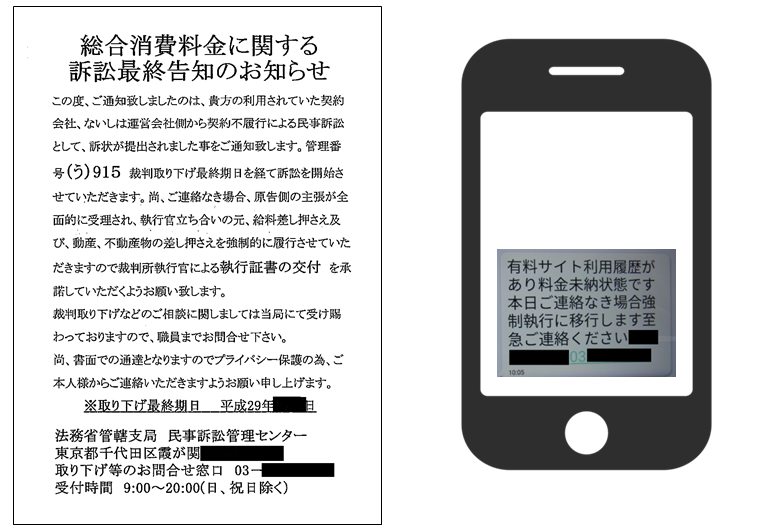 左側に「総合消費料金に関する訴訟最終通告のお知らせ」と見出しがついた架空請求ハガキの例の画像が、右側には、白い画面に「有料サイト利用履歴があり料金未納状態です。本日ご連絡なき場合強制執行に移行します至急ご連絡ください」と表示されたスマートフォンのイラストが載った画像。