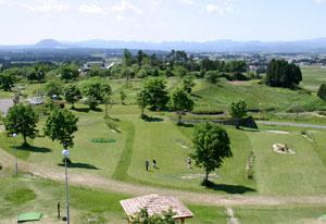 芝生と木々によってコースが形作られているパークゴルフ場の空中写真